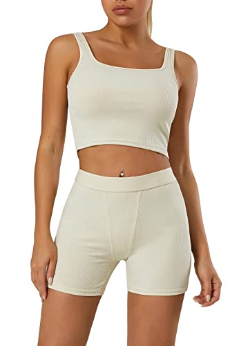 Licobod Women's Workout Outfits 2 Pieces Ribbed Shorts Set High Waist Bodycon Leggings And Sleeveless Tank Top Gym Tracksuit #TOP3