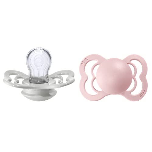 Image of BIBS Supreme Baby Pacifier 2-Pack | Made in Denmark | BPA Free Dummy Soother, Symmetrical Nipple. Silicone, Size 1 (0-6 Months), Haze/Blossom