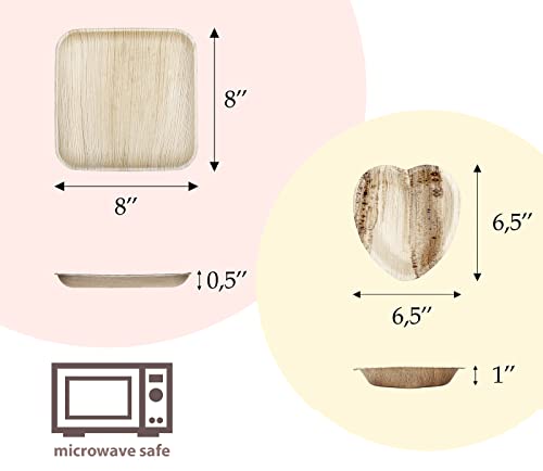 Dress Your Yum Palm Leaf Plates (20 Pcs) - 8 Inch Square & 6.5 Inch Heart (10 Of Each) - Dinner And Dessert Disposable Compostable Plates For Party #TOP1