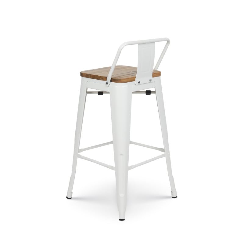 Kosmi Lot de 4 tabourets en métal Blanc Mat Style Industriel avec Dossier et Assise en Bois Clair - Hauteur 66cm