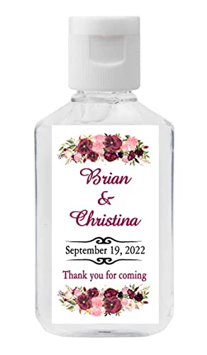 20 Burgundy Blush Floral Wedding Favors Hand Sanitizer Labels Stickers 2.25 x 1.25 inches each, Fits most 2 oz. Sanitizer Bottles