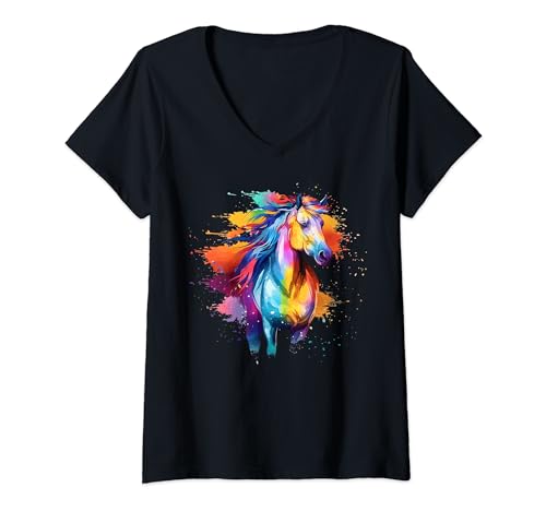 Femme Splash Art Icelandic Horse Lover Coloré T-Shirt avec Col en V
