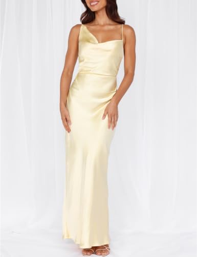 Image of Formal Satin Silk Spaghetti Strap Maxi Dresses for Women Wedding Guest