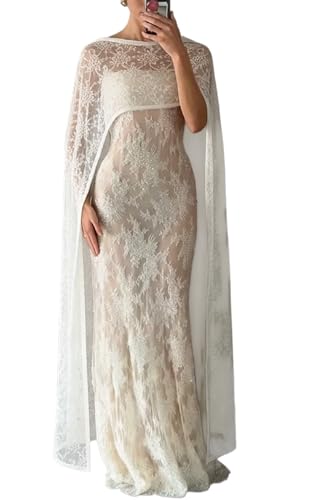 Hedovan Womens Floral Lace Capelet Sheer Cape Shawl Poncho Tops Elegant Floor Length Lace Wraps Wedding Evening Formal (White One Size)