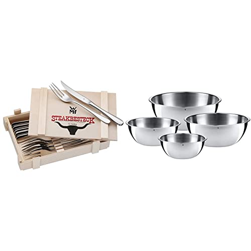 WMF Steakbesteck 12-teilig Steakbesteck Set für 6 Personen, Steakmesser, Steakgabel, Grillbesteck in Holzkiste & Gourmet Schüsselset 4-teilig Edelstahl Schüsseln für die Küche 0,75l - 2,75l, Cromargan