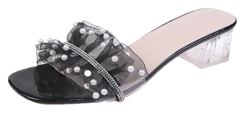 Womens Sandals Women's Ruffle Pearls Decor Chunky Heels Sandals Open Toe Comfortable Sexy Clear Mid Block Heeled Sandal
