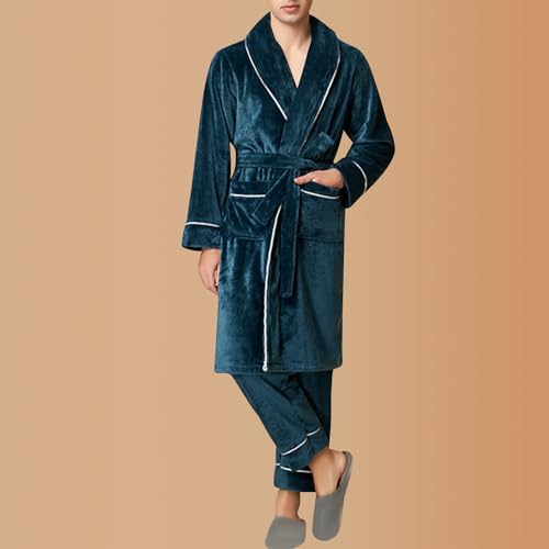 Mens Soft Flannel Long Robes Cozy Fleece Plush Bathrobe And Pants Matching Two-Piece Sets Sleepwear Casual Housecoats2
