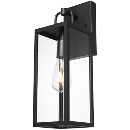 Transitional Outdoor Wall Sconce Light, 16 Inch Tall Modern Exterior Wall Lighting with Clear Glass, Anti-Rust Powder Coat Black Outside Lantern Lamp for Front Porch Doorway Patio, 1 Pack