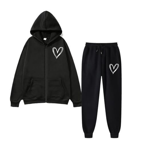 Image of Eauptffy Women's Tracksuit, 2-Piece Hooded Jacket and Jogging Bottoms, Jogging Suit, Sports Trouser Suit, Long Sleeve Sweat Jacket with Hood, Long Sweatpants, Leisure Suit, Padded Sports Suit, O Black