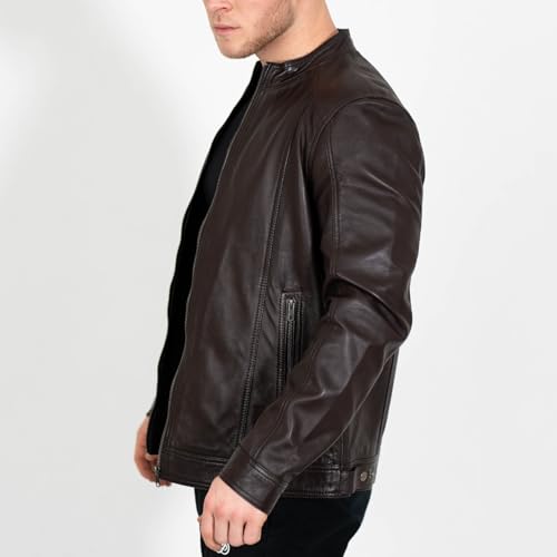 Image of BRICK LANE Stand Collar Leather Jacket for Men | Timeless Design - Genuine Lamb Nappa Leather Cafe Racer Jacket