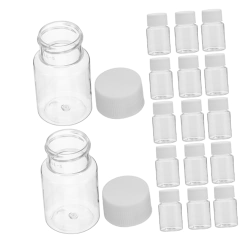 HOMOCONO Empty Medicine Organizers 25pcs Plastic Reagent Sample Bottles Storage Jars for Medicines Pill Containers Lids Compact and Portable