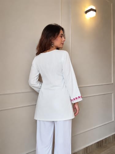 Image of GoSriKi Short Kurti for Women Viscose Embroidered | Kurti for Woman Regular Fit | Round Neck V Slit Full Sleeve Stylish Ladies Top Ethnic Wear Womens Clothing Trendy Kurta Tops