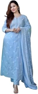 Royal Export Women's Viscose Floral Embroidered Straight Kurta Pant with Dupatta Set | Kurta Sets for Women Price In India