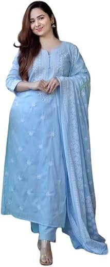 Royal Export Women's Viscose Floral Embroidered Straight Kurta Pant with Dupatta Set | Kurta Sets for Women