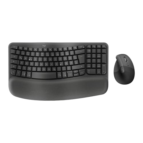 Logitech Wave Keys & Lift Vertical Mouse - Combinazione ergonomica di tastiera e mouse wireless - con poggiapolsi imbottito, Easy-Switch, Bluetooth, per più sistemi operativi, Windows/Mac