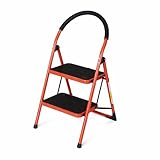 Happi Hoomin 2 Step Folding Ladder with Handrail – Heavy Duty Steel Step Stool, Wide Anti-Slip Pedals, Lightweight Portable Step Stool for Kitchen, Closet & Home