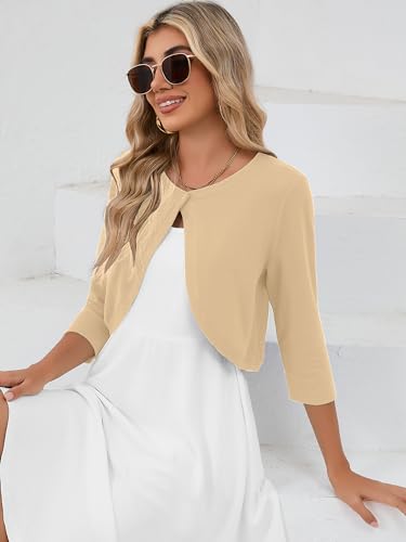 Image of Heymoments Women's 3 /4 Sleeve Casual Shrugs Lightweight Open Front Cropped Cardigan for Dresses