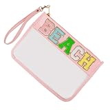 Chenille Letter Clear Bag, Waterproof PU&PVC Transparent Chenille Letter Patch Zipper Clear Pouch with Wrist Strap, Travel Essentials Toiletry Makeup Bag for Women Girl (Pink, Beach)
