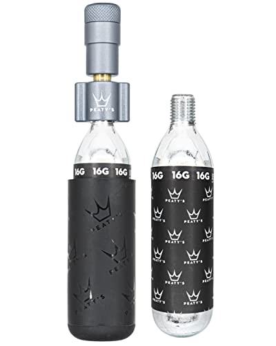 Peaty's Holeshot CO2-Reifenfüller-Set, 16 g, einzigartiges, kompaktes gerades Design für maximalen Luftstrom und schnelles Aufpumpen, 2 x 16 g CO2- und Frostschutzhülle, Rennrad und Gravelbike (16 g)