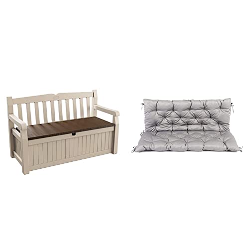 KETER Banc Coffre extérieur Eden Bench - 265 litres & Ambientehome 90266 Coussin de Banquette 2 Places et Coussin de Dossier Housse de Banc Hanko, Gris Clair, env. 120 x 98 x 8 cm