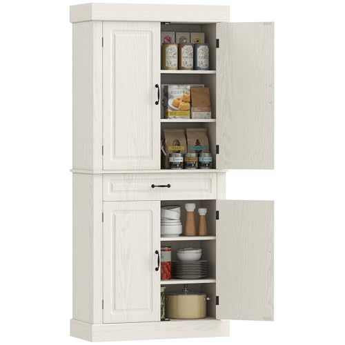 Image of HOMCOM Kitchen Cupboard with 4 Doors, Freestanding Storage Cabinet with Wide Drawer and Shelves for Living Room, 180cm, White Wood Grain