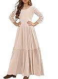 MITILLY Girls Lace Flower 3/4 Sleeve Ruffle A-Line Swing Wedding Party Long Maxi Dress with Pockets Size 12 Apricot