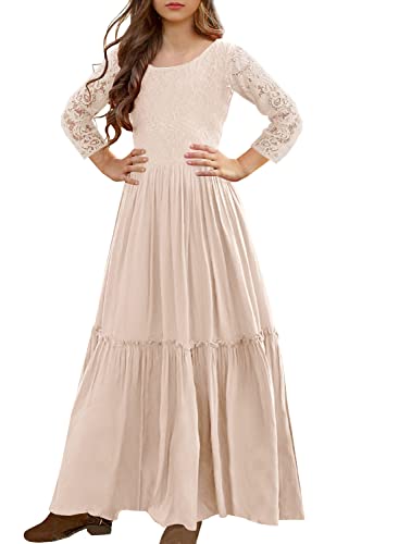 Image of MITILLY Girls Lace Flower Wedding Guest Long Maxi Dress for 6-12 Years | Girls Boho Dress, Girls' Special Occasion Dresses, Wedding Party, Size 6-12 Years, Ruffle Sleeve, A Line, With Pockets
