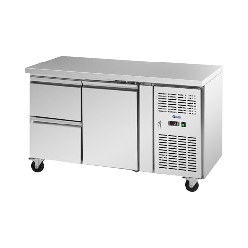Royal Catering Kühltisch auf Rollen mit 280 l Kapazität ein Fach und 2 Schubladen höhenverstellbarer Einlegerost 136 x 70 cm Effizienzklasse B Edelstahl Pizzakühltisch Gastro-Kühltisch Gastronomie