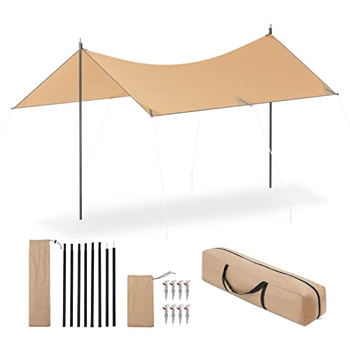 Magshion Camping Tarp with 2 Poles, Lightweight 13 x 9.5 ft. Multifunctional Waterproof Rain Fly, UV50+ Outdoor Car Awning Sunshade Tarp Easy Set Up in Open Area