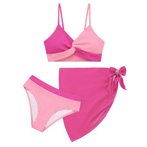 Weixinbuy Girl's 3 Piece Girls Swimsuit,V-Neck Twist Cross Bikini Set Swimwear 9-16Y Teen Bathing Suit with Cover Up Skirt