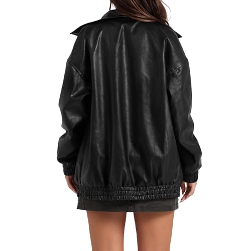 Faux Leather Jacket Women Oversized Casual Zip Up Jacket Motorcycle Bomber Jacket Coat Trendy Fall Winter Clothes3