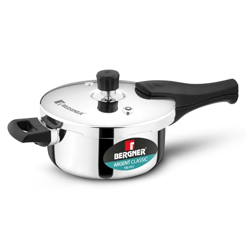 Image of Bergner Argent Classic Triply Stainless Steel 3.5 Liters Outer Lid Pressure Pan, Triply Cooker with Resettable Safety Valve, Sturdy Handle, Easy to Use and Clean - Induction and Gas Stove Ready