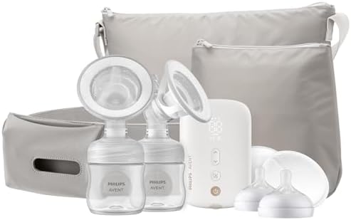 Philips AVENT Double Electric Breast Pump Advanced, with Natural Motion Technology, with Clear Natural Response Baby Bottles, White Pump, Gray Bag, Pouch, and Belt, SCF394/62