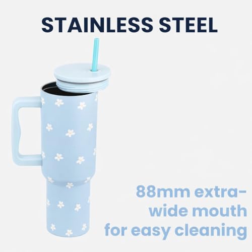 Image of Stainless Steel 1200 ml Vacuum Tumbler with Lid & Straw - Double‑Wall Insulated Cup for Travel, Gym & Office - Keeps Beverages Hot or Cold - 1.2 L Capacity (Blue Tiny Flower)