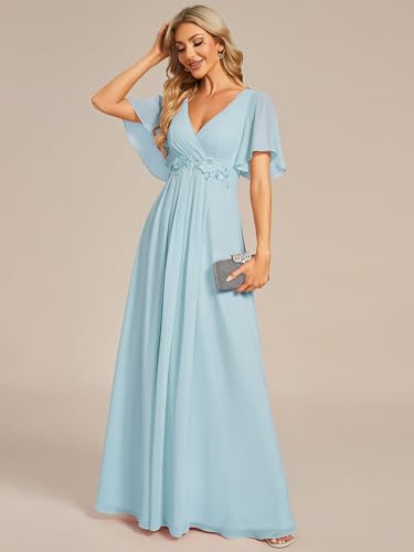 Image of Ever-Pretty Womens V Neck Applique Mother of the Bride Dresses Formal Dress | Chiffon, Short Sleeves, Ruched, A-Line, Bridesmaid Dresses, Formal Gown, Black Tie Dress