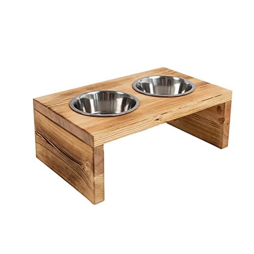 Woodworms Hunde-napf-Set mit Edelstahlnäpfen, Handgemachte Echtholz Hundebar, Futterbar für kleine, mittlere und große Hunde (XL)