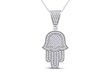 1/3 Carat Round Cut White Natural Diamond Micro Pave Of Hamsa Pendant Necklace In 14k White Gold...