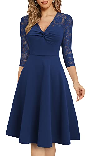 HOMEYEE Vestido de Cóctel de Encaje con Cuello en V Vintage para Mujer Vestidos de Noche Elegantes hasta la Rodilla A291 (L, Azul Oscuro) Cover