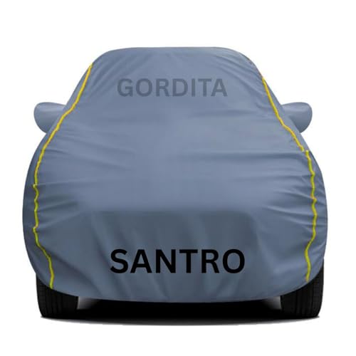 Image of Waterproof Car Body Cover for Santro All Weather Protection Comes with Inner Cotton Lining & Triple Stitched with Mirror & Antenna Pocket Belt & Elastic Fit Grey with Yellow Piping2