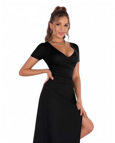 MANGOPOP Women's Cross Wrap Ruched Plunge Sexy Deep V Neck Slim Fit Short Sleeve T Shirt Tunic Tops Tee4