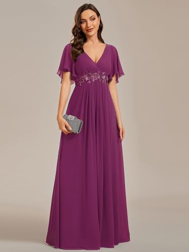 Image of Ever-Pretty Womens V Neck Applique Mother of the Bride Dresses Formal Dress | Chiffon, Short Sleeves, Ruched, A-Line, Bridesmaid Dresses, Formal Gown, Black Tie Dress