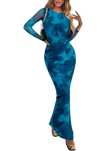 PRETTYGARDEN Women's Bodycon Maxi Dress Fall Spring Fashion Long Sleeve Floral Print Tight Fitted Party Club Ruched Dresses (Print Blue Green,Medium)