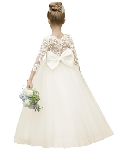 MCieloLuna Girls Lace Applique Flower Girl Dresses Wedding Party Gown Floor Length Toddler Tulle First Communion Dress