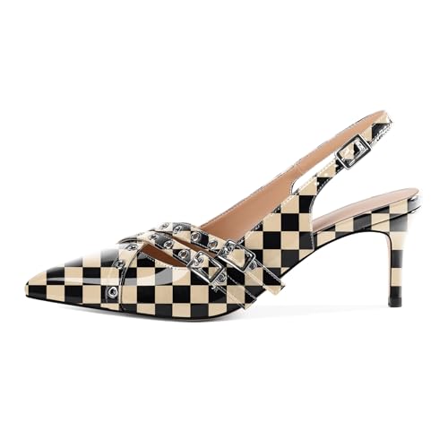 Eldof Women Slingback Heels Buckle Strap Pointed Toe Slip On Kitten Heel Pumps Shoes Dressy Studded Eyelet 2.5 Inches4