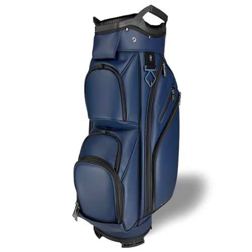 REVCORE Upgraded Luxury Golf Cart Bag, Premium Synthetic Leather, 15 Way Dividers, Black Alloy Hardware, 9 Pockets | 2 Magnetic, 2 Insulated Cooler, 2 Felt-Lined Valuable & Oversized Putter Well