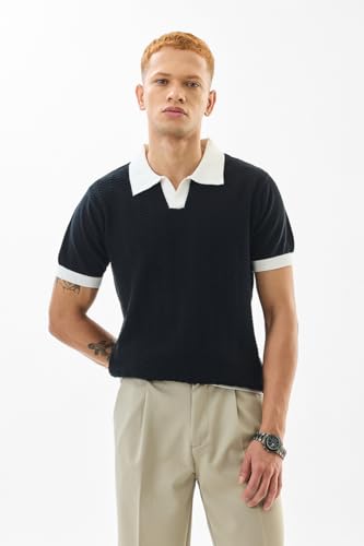 Image of SNITCH Men's T-Shirt | Slim Fit Polo Collar with Textured Knit Design | 100% Cotton Fabric, Breathable & Comfortable Casual Wear