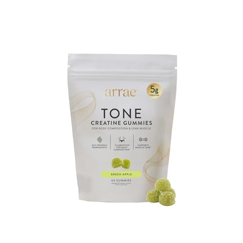 Arrae Tone Gummies Creatine Monohydrate 5g for Women Support Lean Muscle Strength & Recovery Hormone-Friendly Muscle Toning Supplement Sour Green Apple Flavor 60 Count