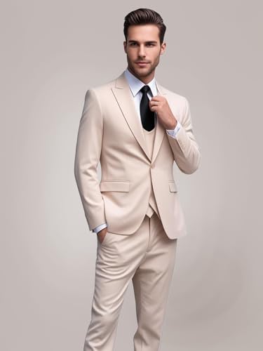 Mens Slim Fit Suit 3 Piece Solid Double-Breasted Casual Business Blazer Set for Weddings Party Tuxedo Jacket Pants2