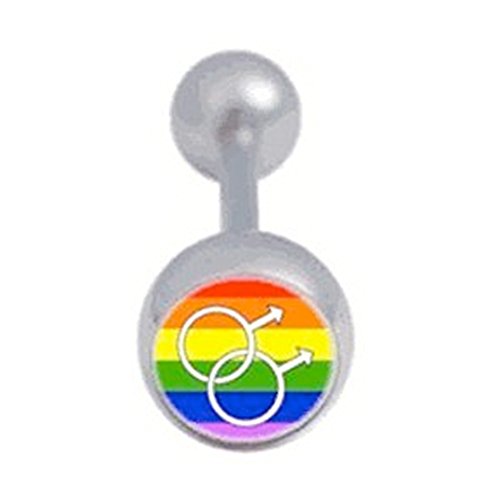 (Double Male Symbol Rainbow Flag Tongue Ring) - Gay and Lesbian Pride Body Jewelry - LGBT Tongue Rings. LGBT Pride Mouth Jewelry - Gay and Lesbian 316 Steel Barbell Ring for Men
