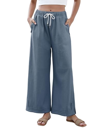 Springrain Womens Baggy Wide Leg Pants Casual Loose Cotton Drawstring Elastic Waisted Palazzo Pants with Pockets(Dustyblue-M)